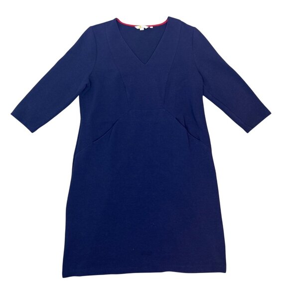 Boden Ellen Ottoman V-Neck Career Dress Size 16L Navy Blue Ribbed Front Pockets - Picture 7 of 14